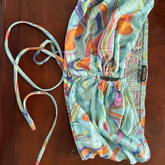 Wild Fable Cropped Halter Bandeau Top Wavy Pattern Multicolor Blue Sz Large New - Picture 5 of 5